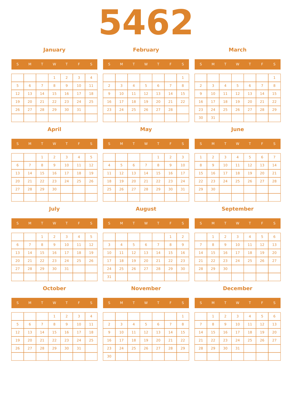 Printable 5462 Year Calendars orange