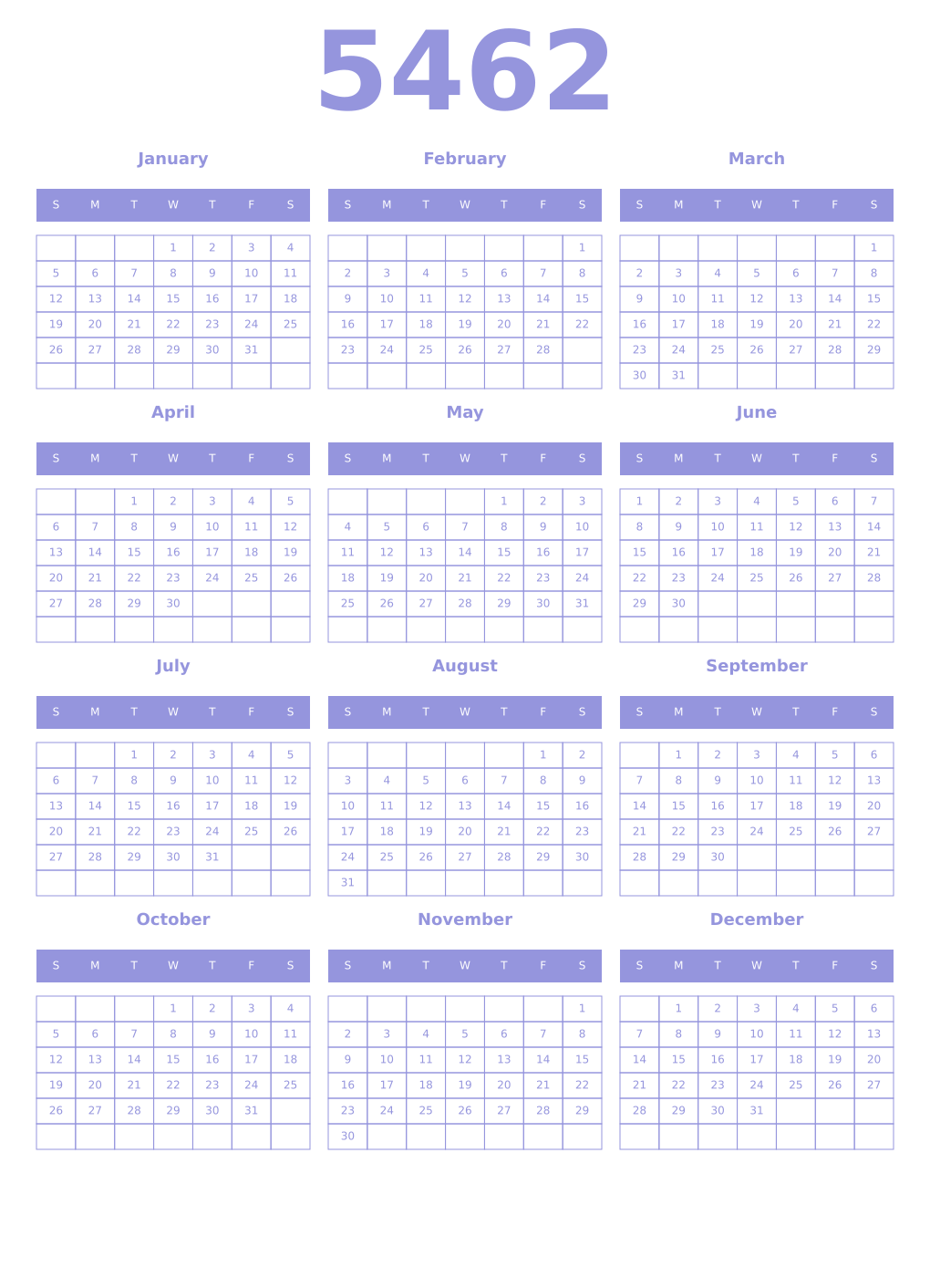Printable 5462 Year Calendars periwinkle