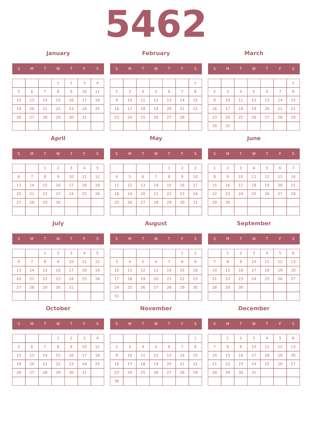 Printable 5462 Year Calendars puce