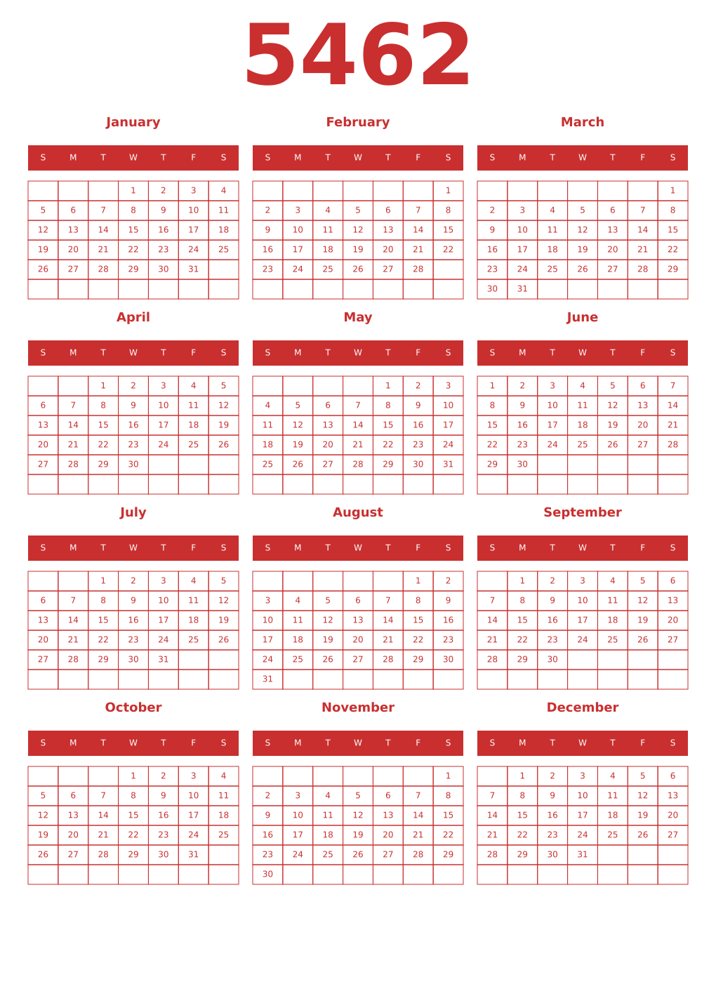 Printable 5462 Year Calendars red
