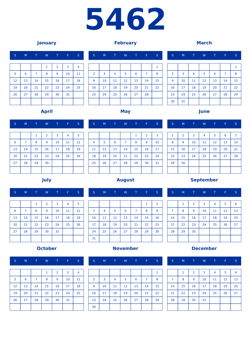 Printable 5462 Year Calendars smalt