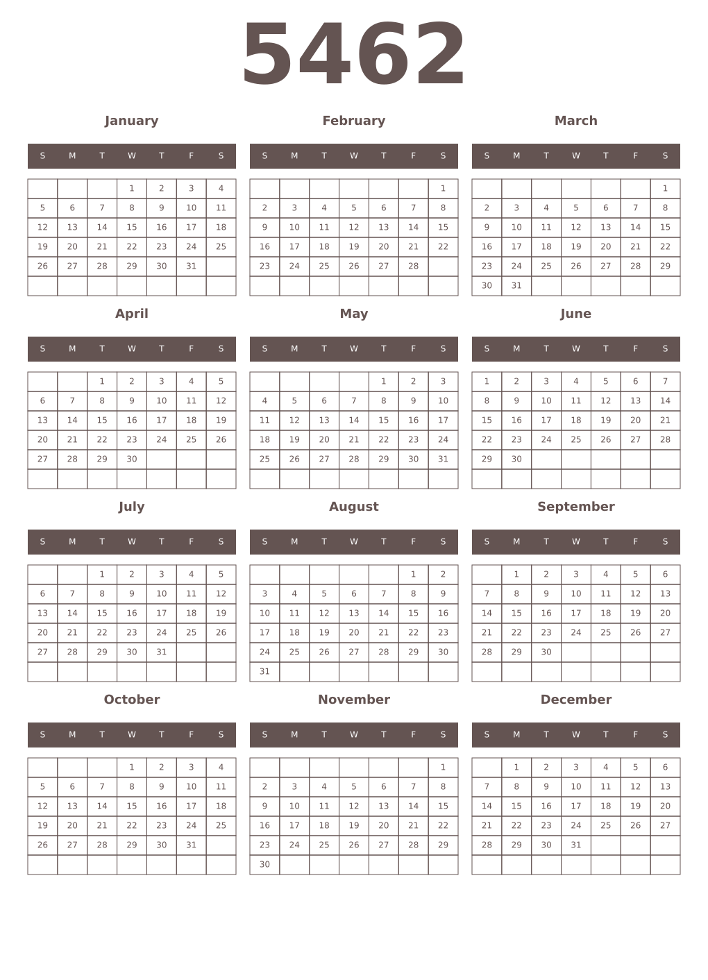 Printable 5462 Year Calendars wenge
