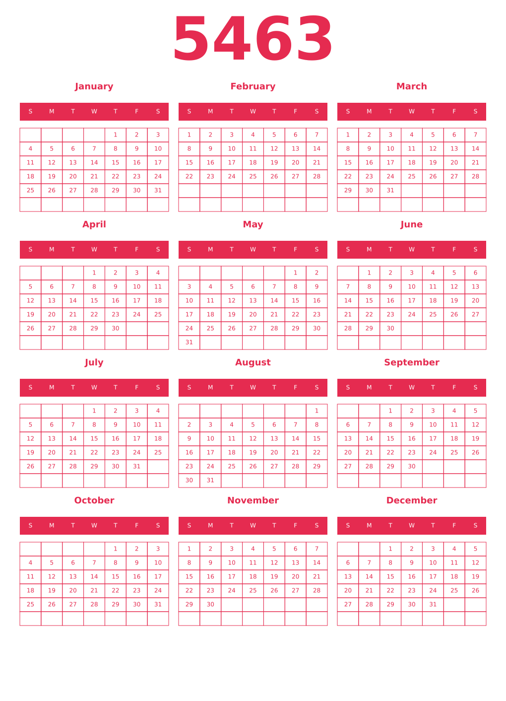 Printable 5463 Year Calendars amaranth