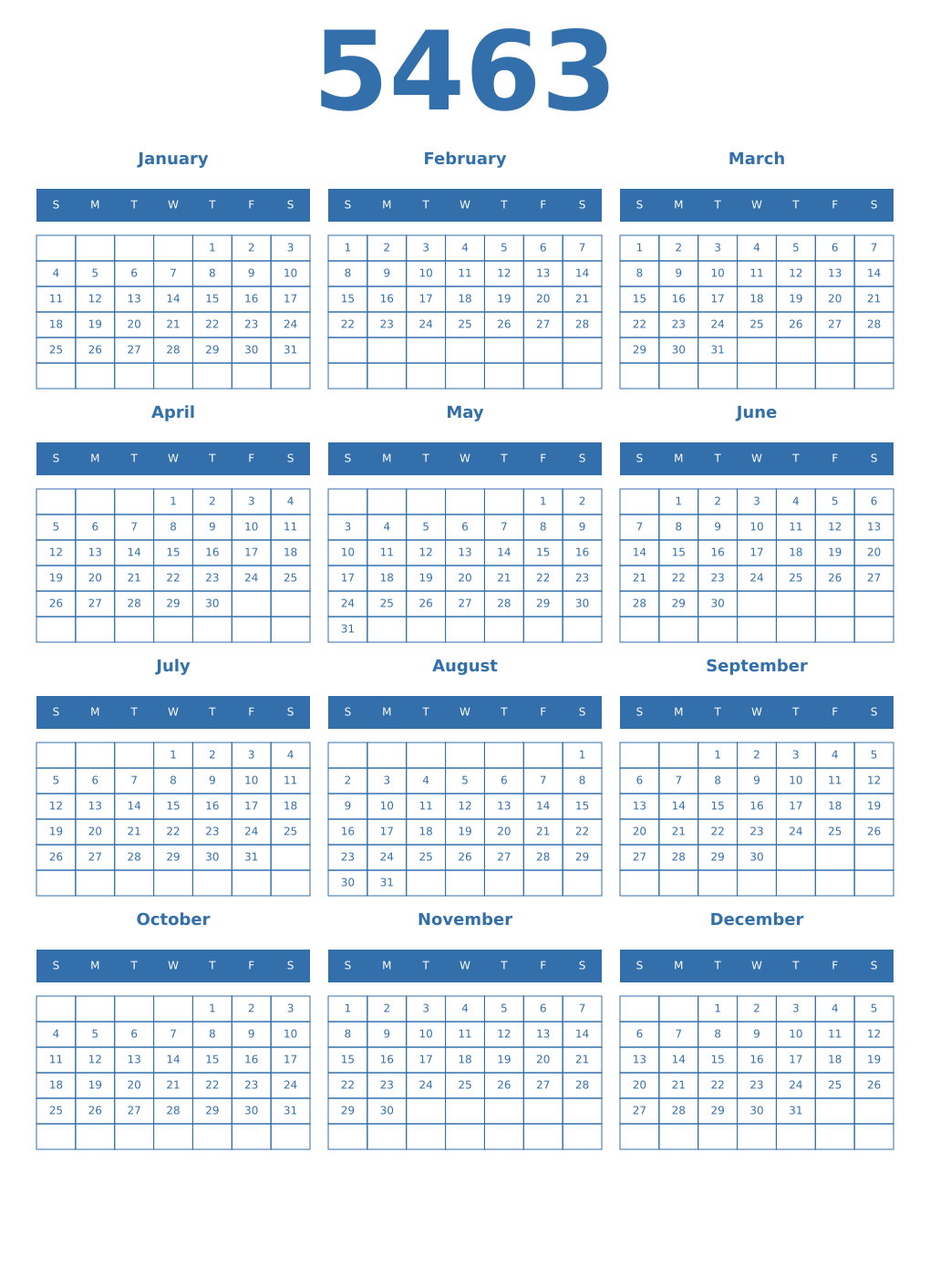 Printable 5463 Year Calendars blue