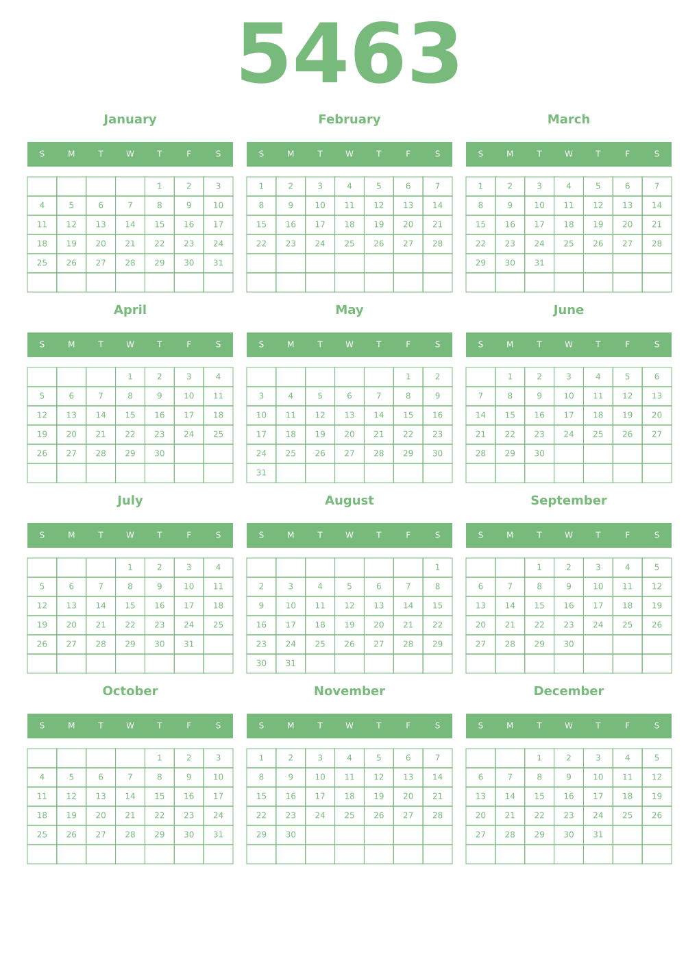 Printable 5463 Year Calendars celadon