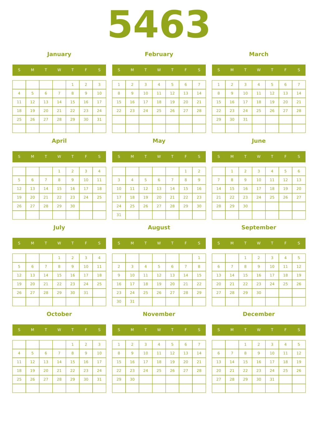 Printable 5463 Year Calendars chartreuse