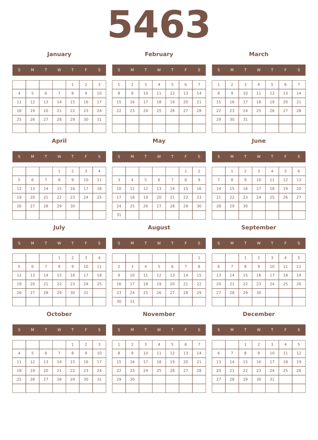 Printable 5463 Year Calendars coffe