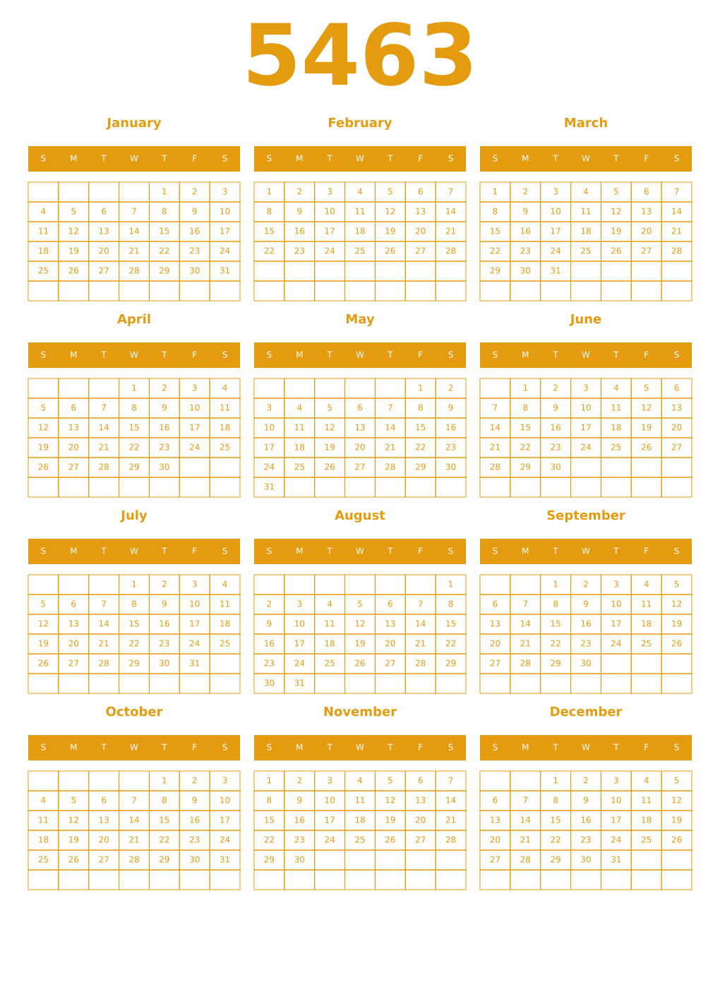 Printable 5463 Year Calendars gamboge