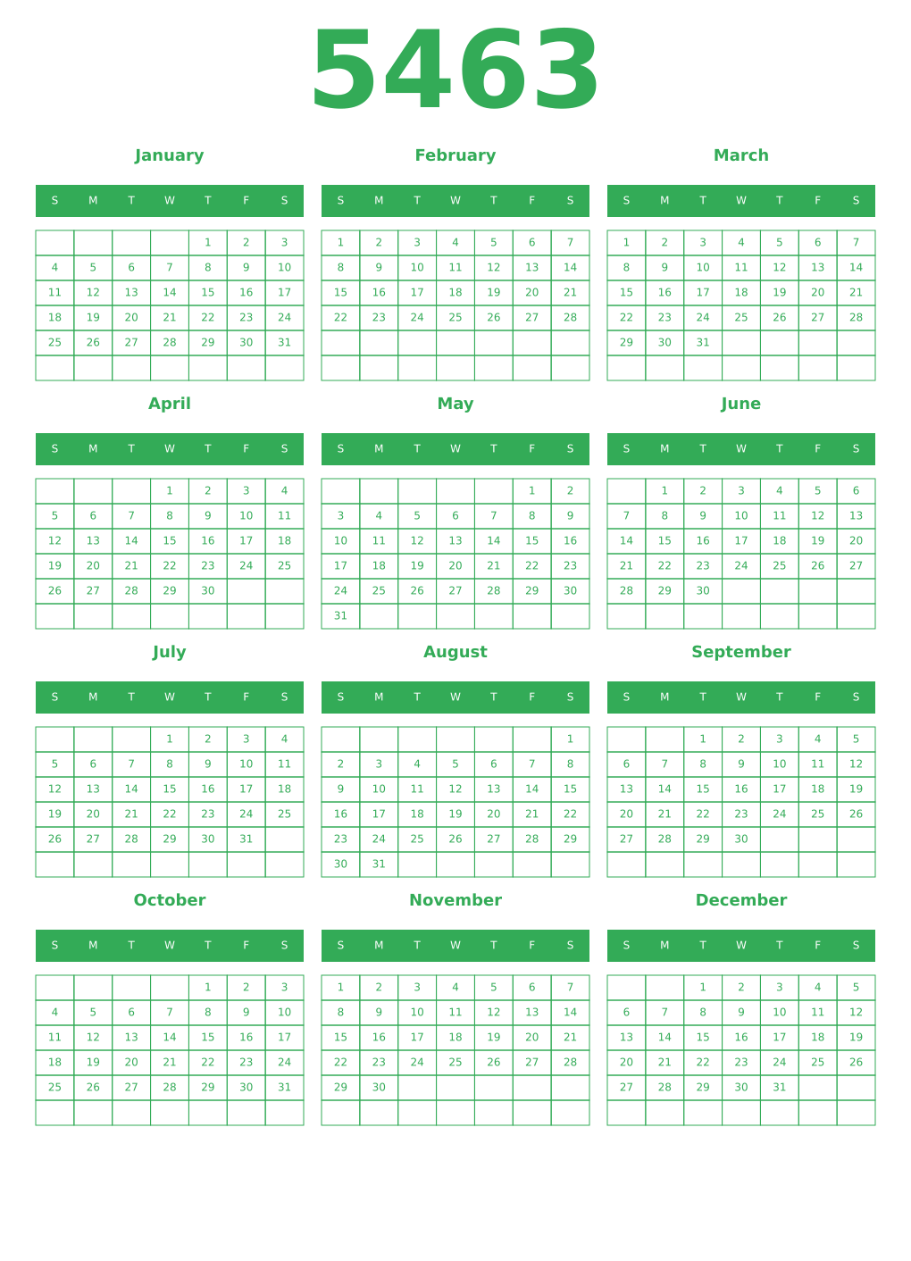 Printable 5463 Year Calendars green
