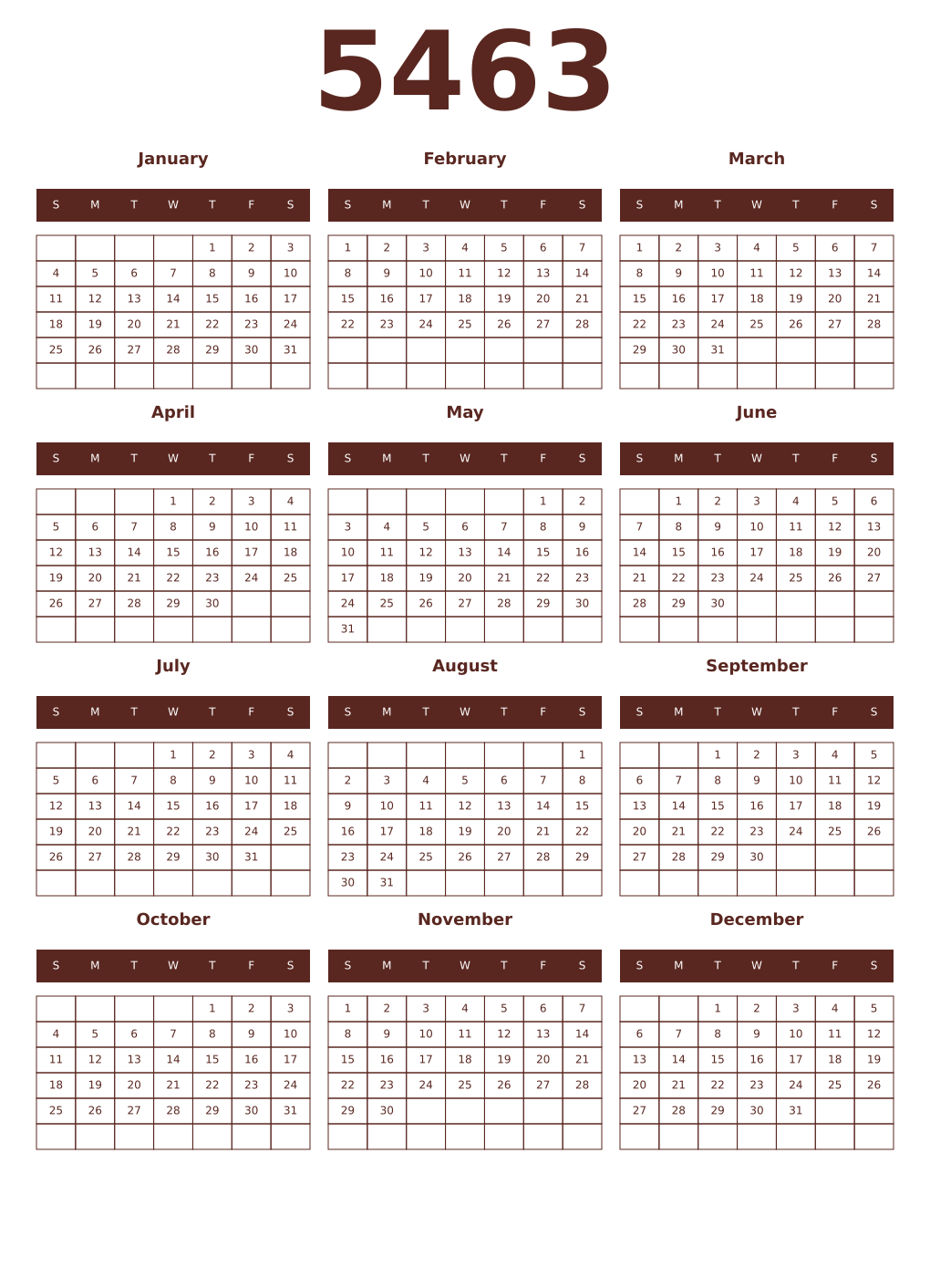 Printable 5463 Year Calendars mortuum