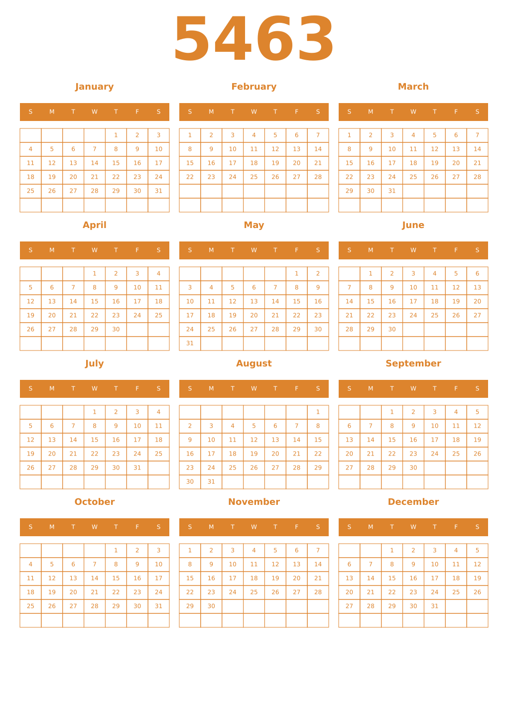 Printable 5463 Year Calendars orange