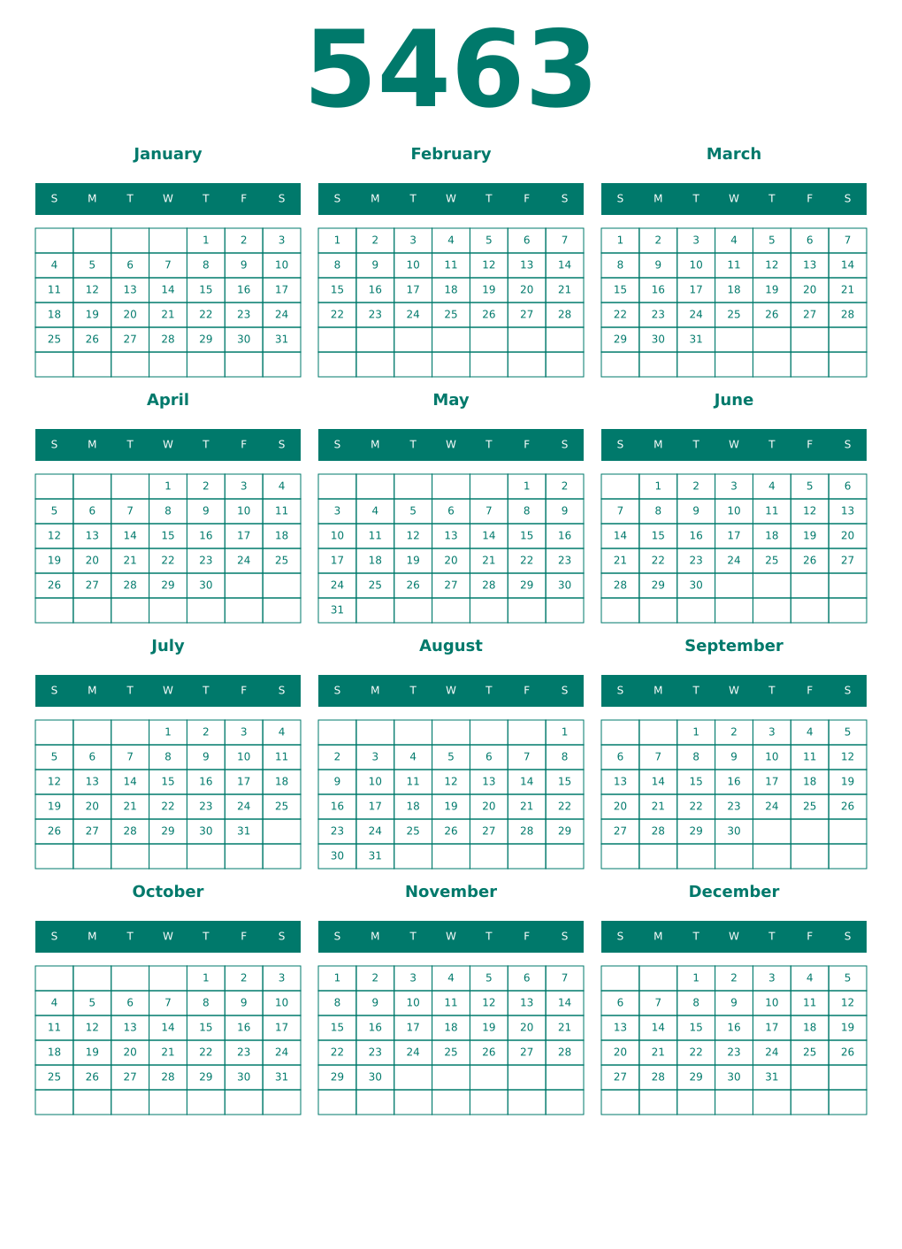 Printable 5463 Year Calendars pastel