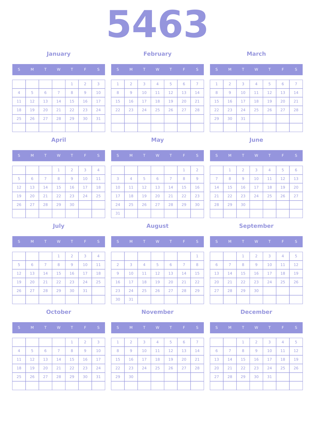 Printable 5463 Year Calendars periwinkle