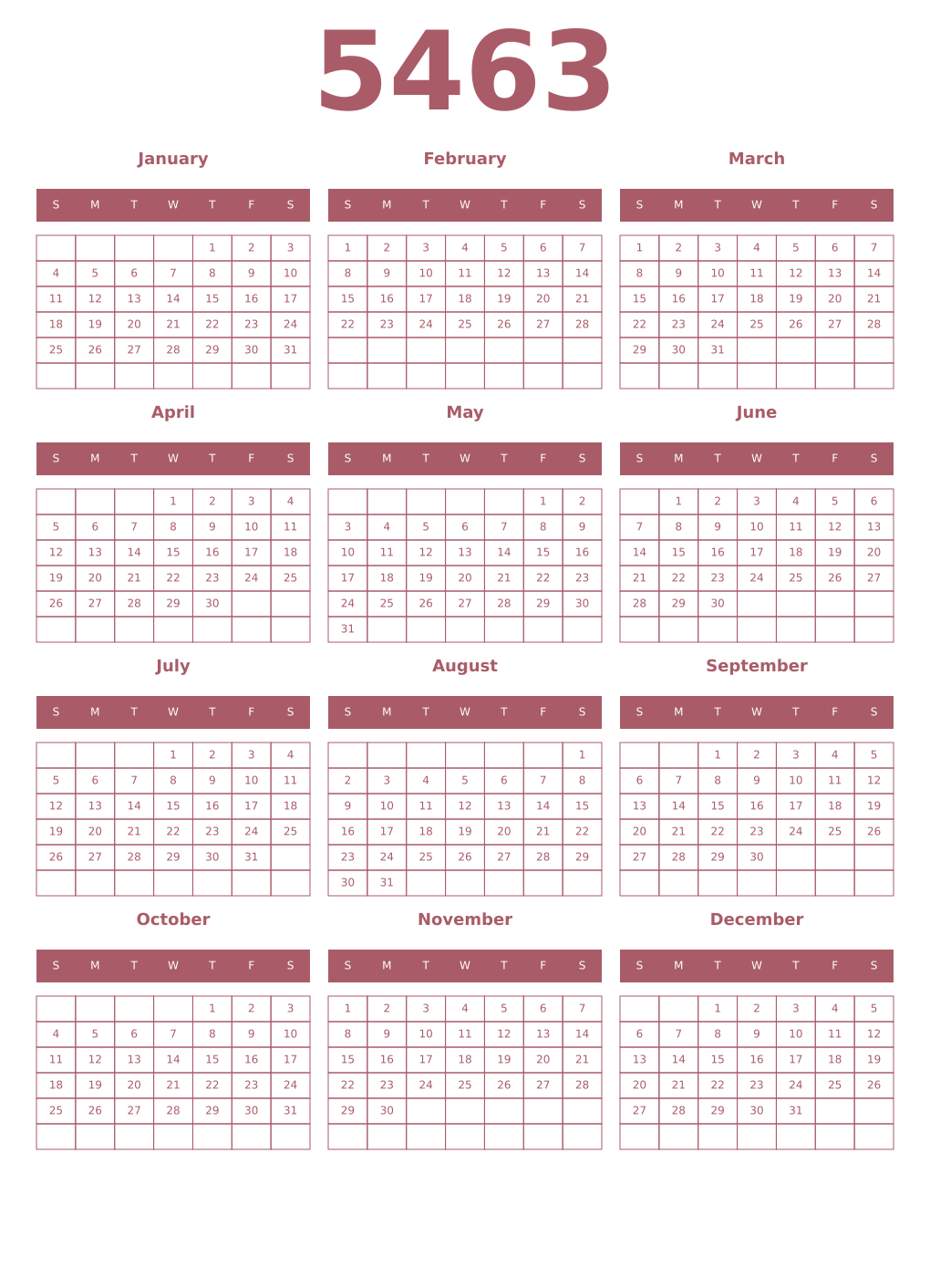 Printable 5463 Year Calendars puce