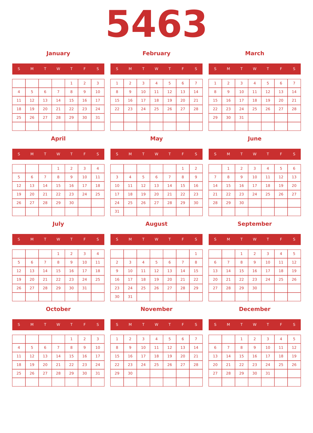 Printable 5463 Year Calendars red