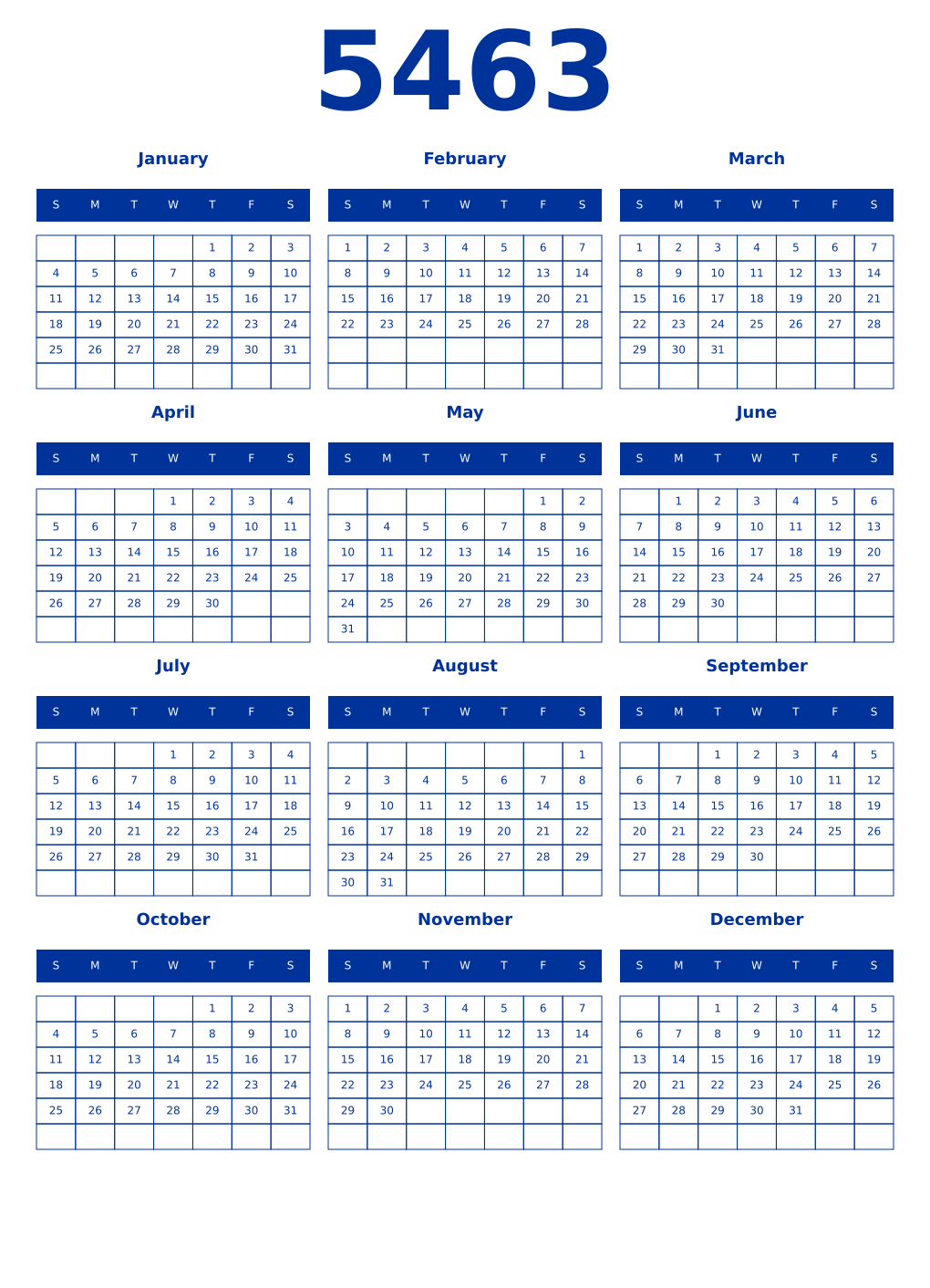 Printable 5463 Year Calendars smalt