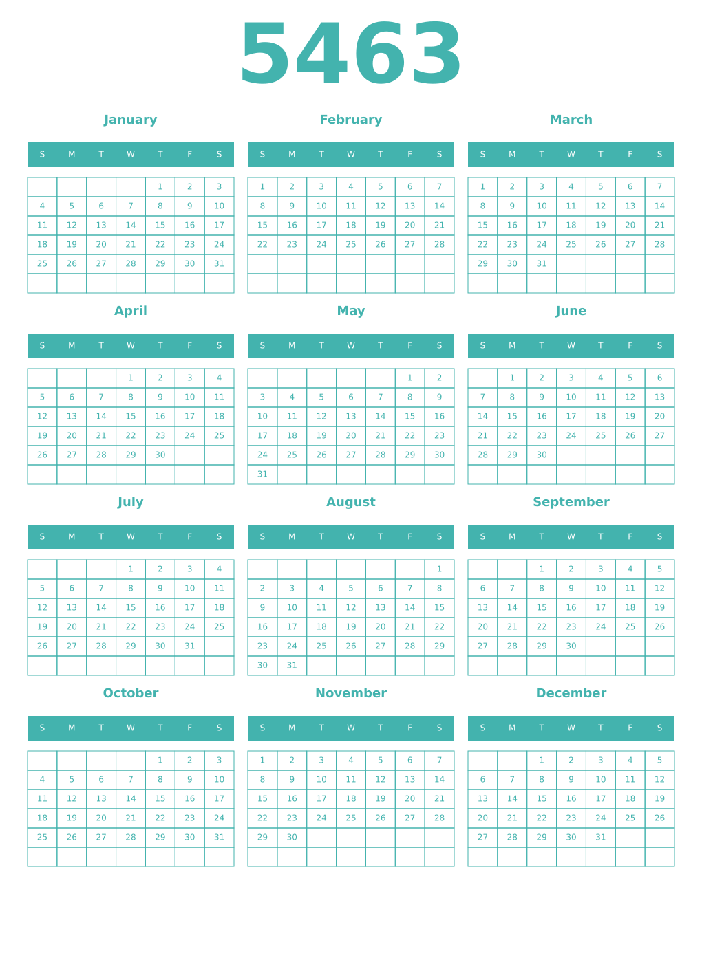 Printable 5463 Year Calendars verdigris