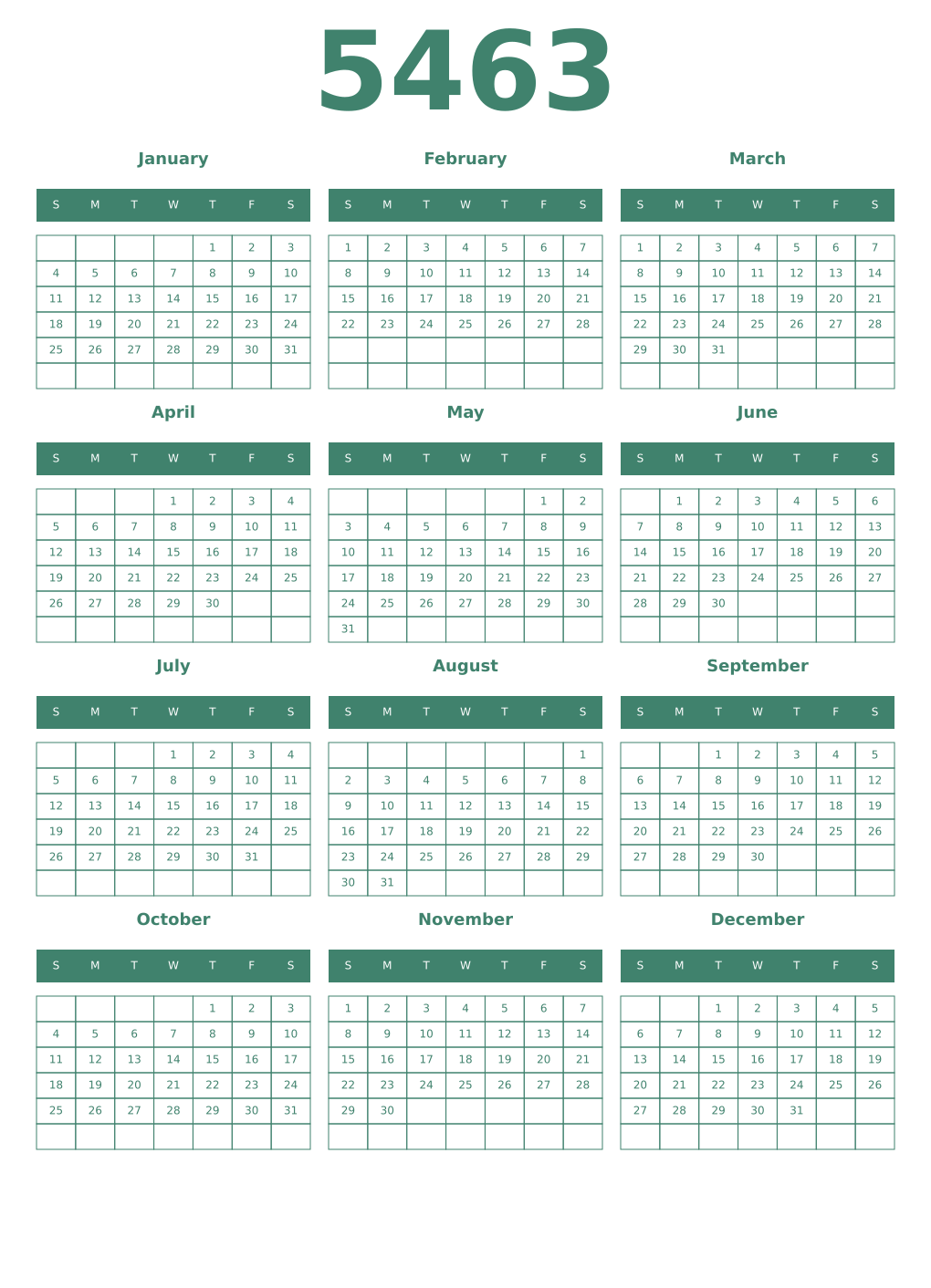 Printable 5463 Year Calendars viridian