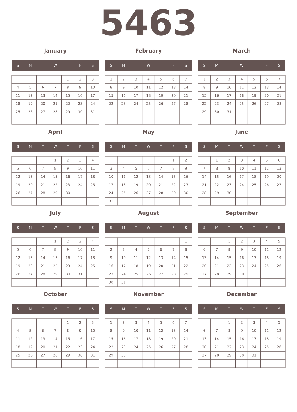 Printable 5463 Year Calendars wenge