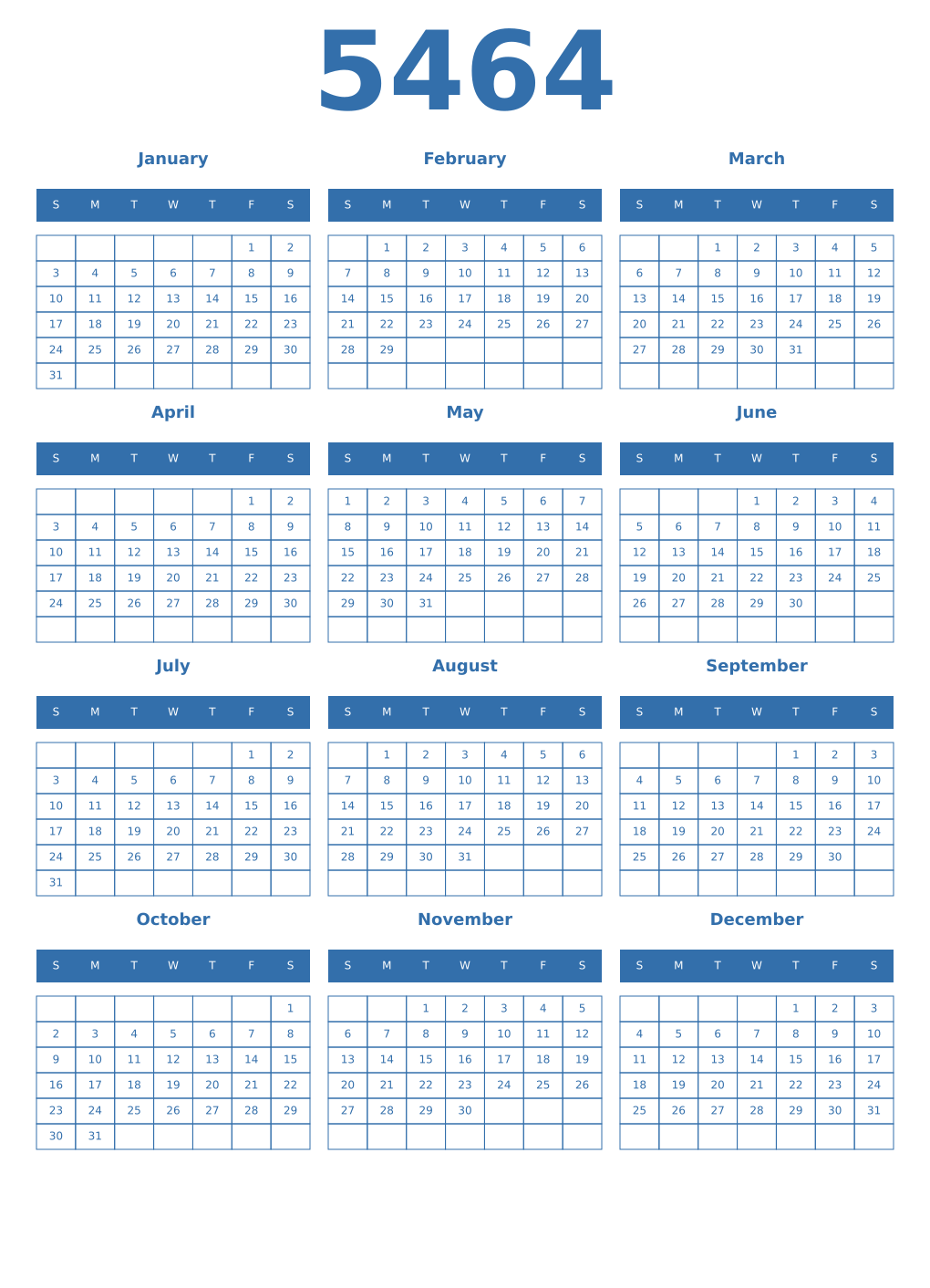 Printable 5464 Year Calendars blue