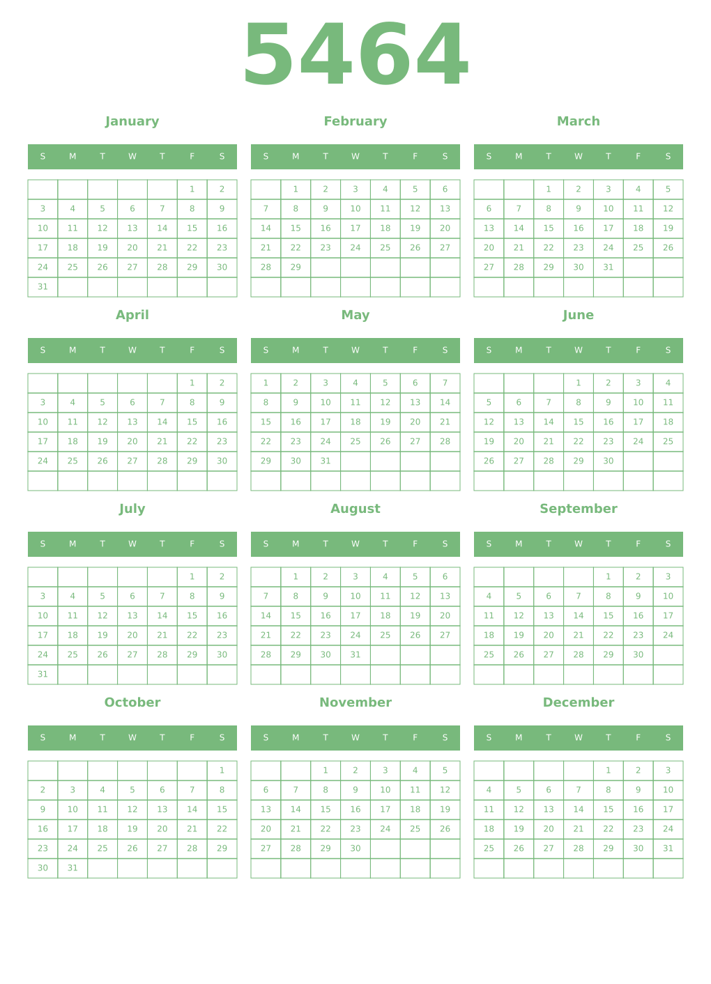Printable 5464 Year Calendars celadon