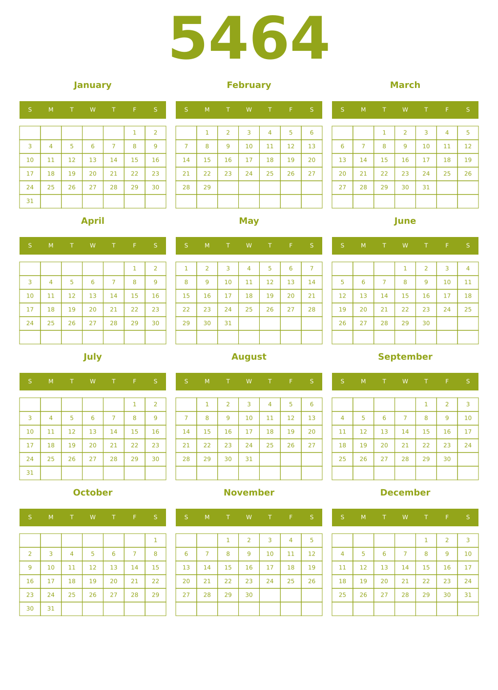 Printable 5464 Year Calendars chartreuse