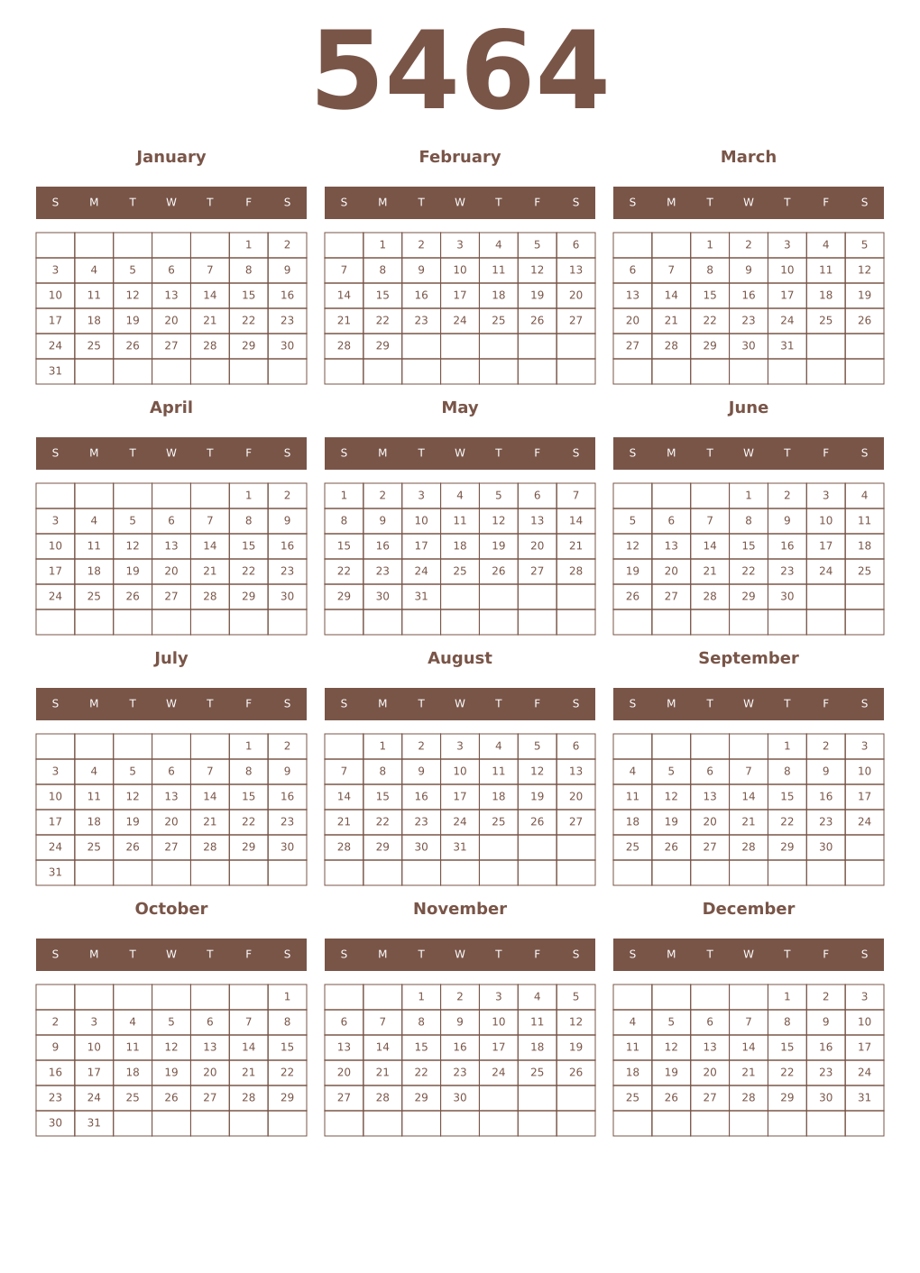 Printable 5464 Year Calendars coffe