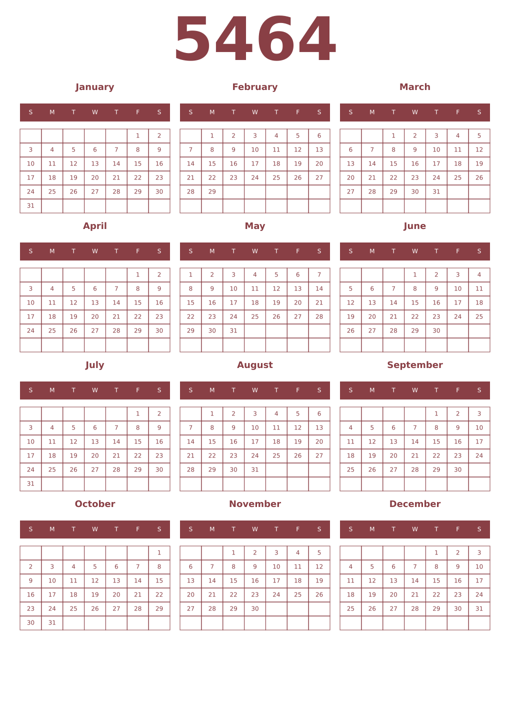 Printable 5464 Year Calendars cordovan