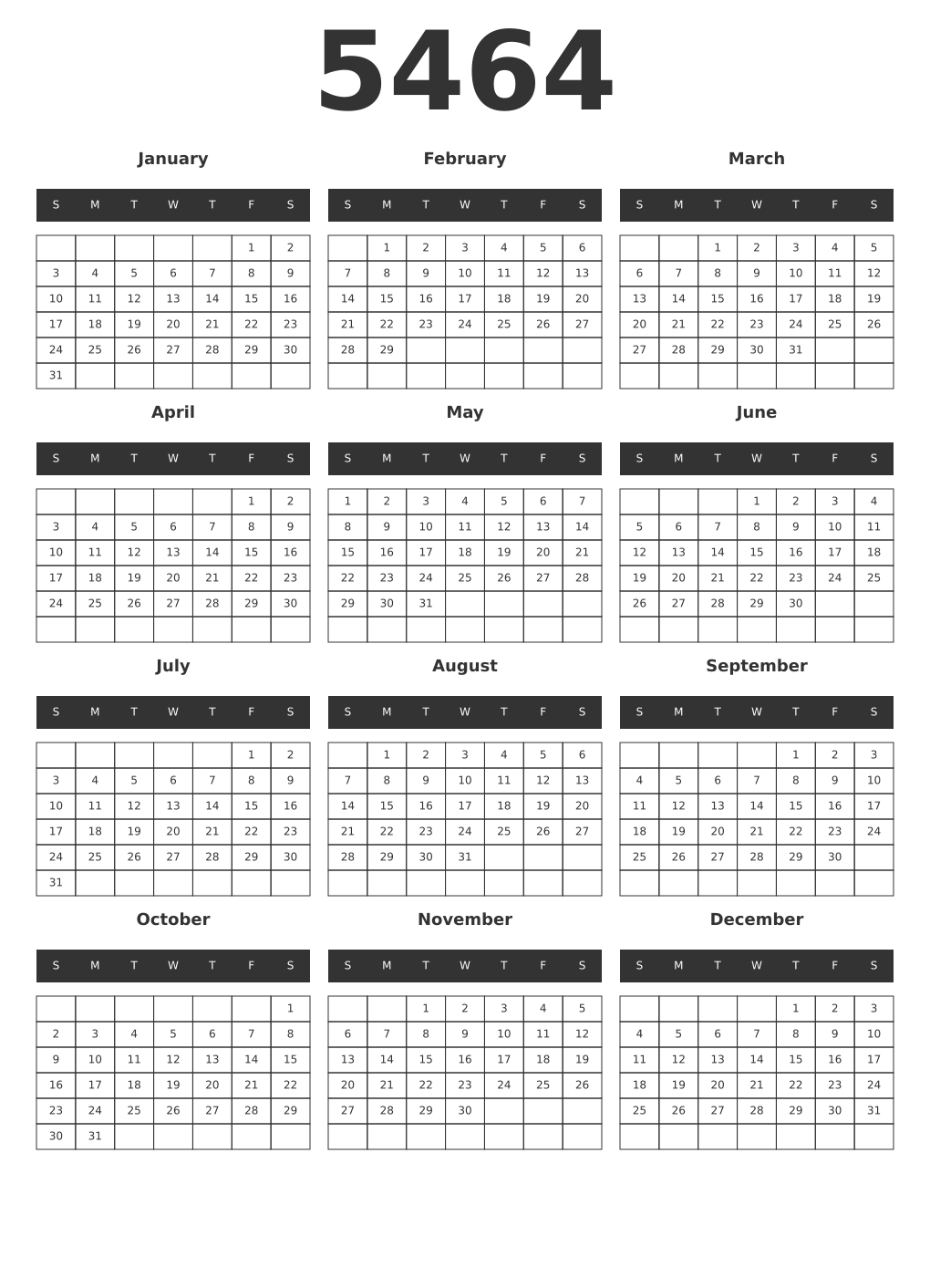 Printable 5464 Year Calendars dark