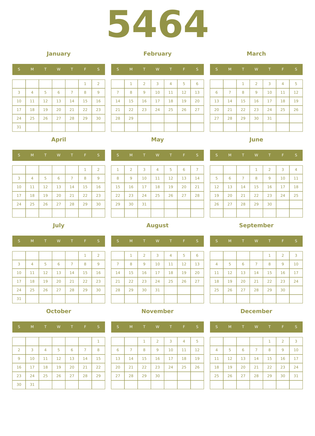 Printable 5464 Year Calendars eburnean