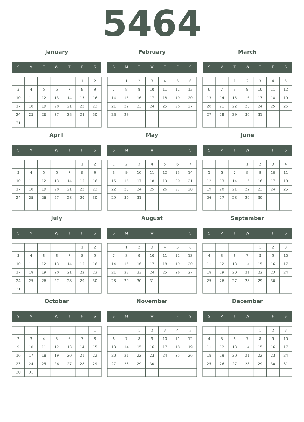 Printable 5464 Year Calendars feldgrau
