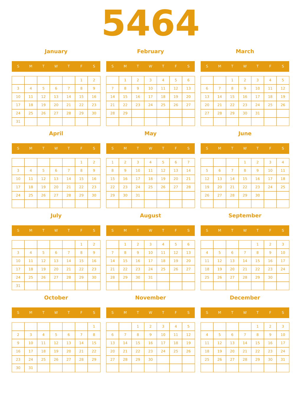 Printable 5464 Year Calendars gamboge