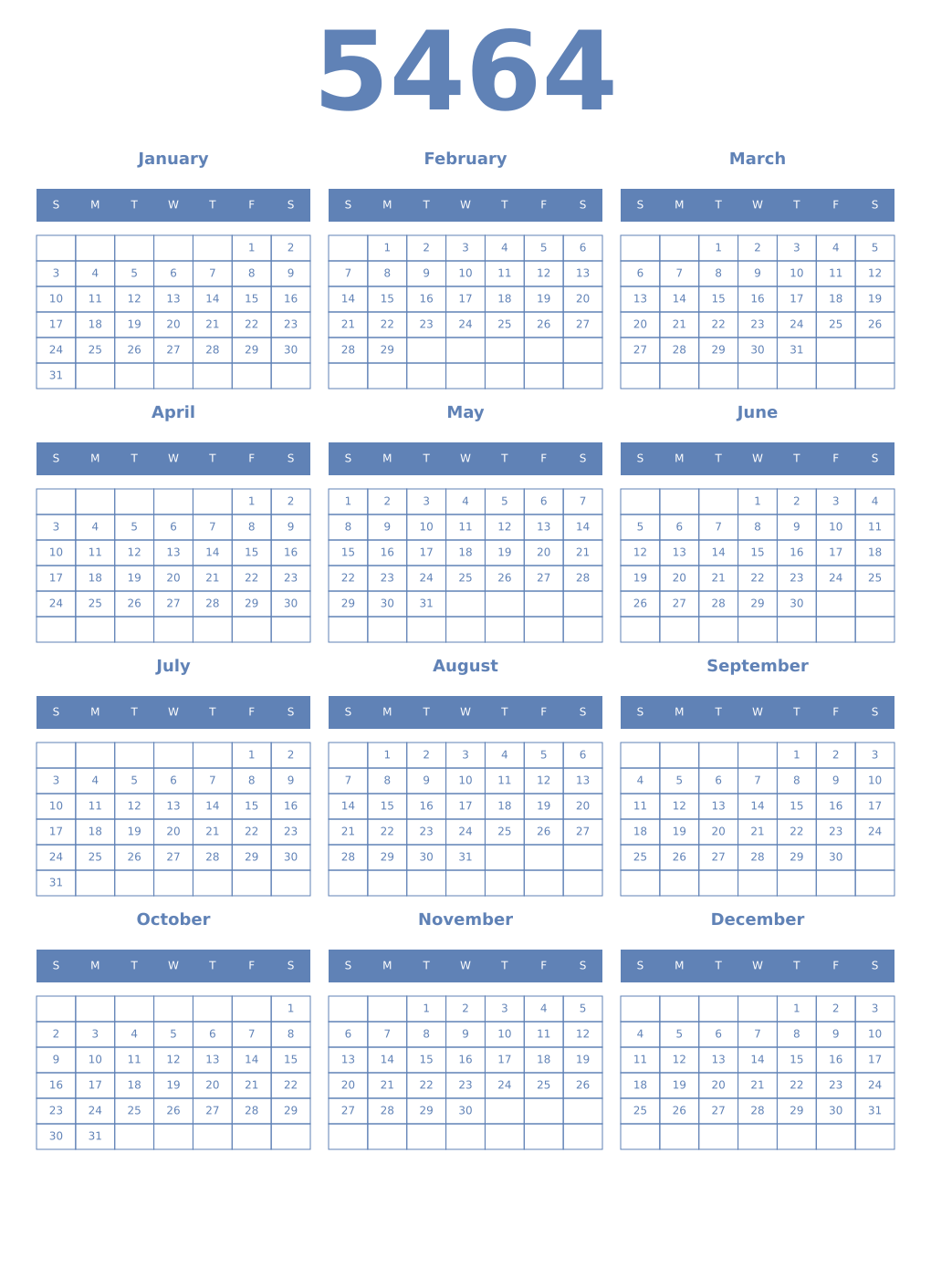 Printable 5464 Year Calendars glaucous