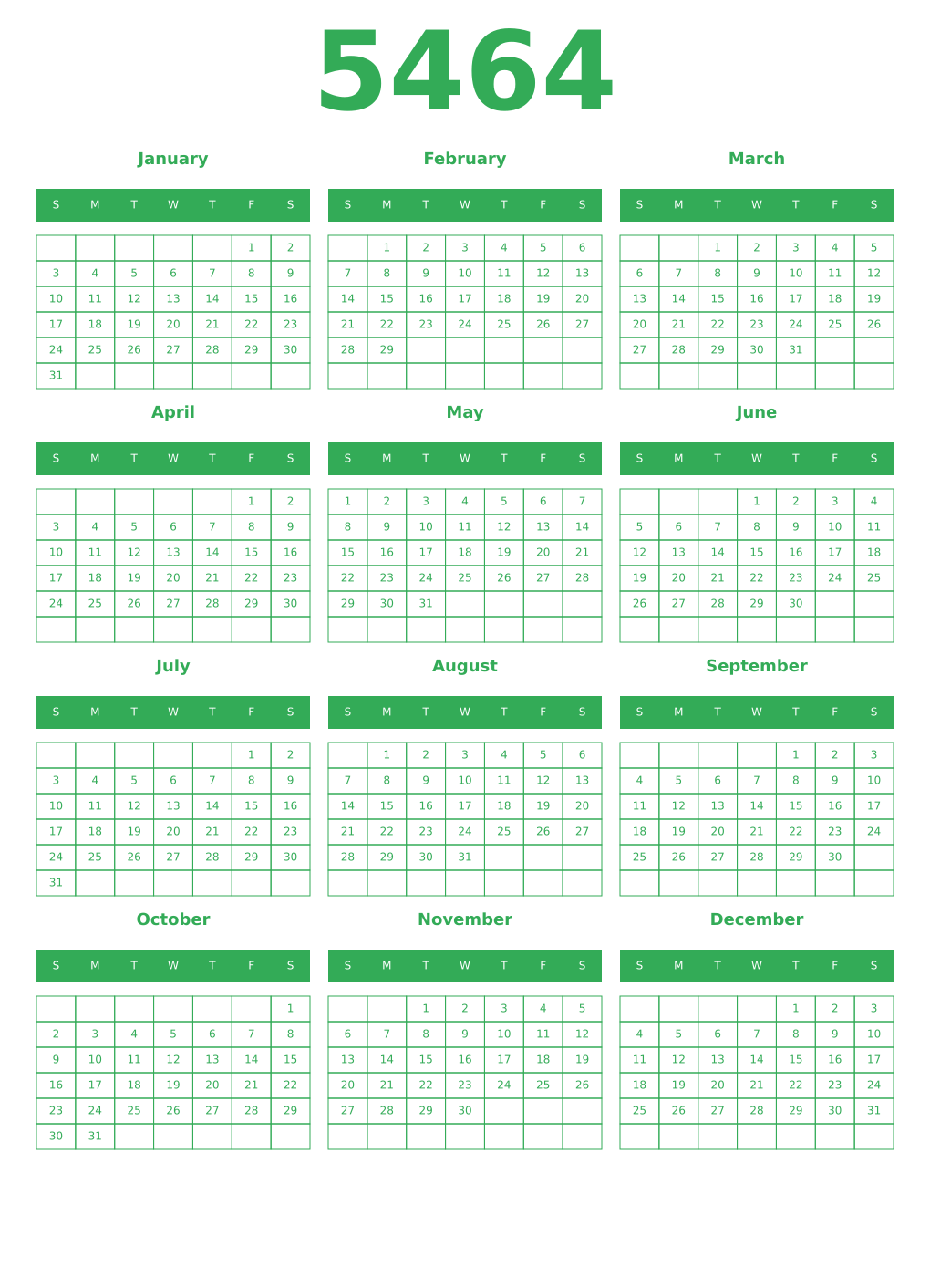 Printable 5464 Year Calendars green