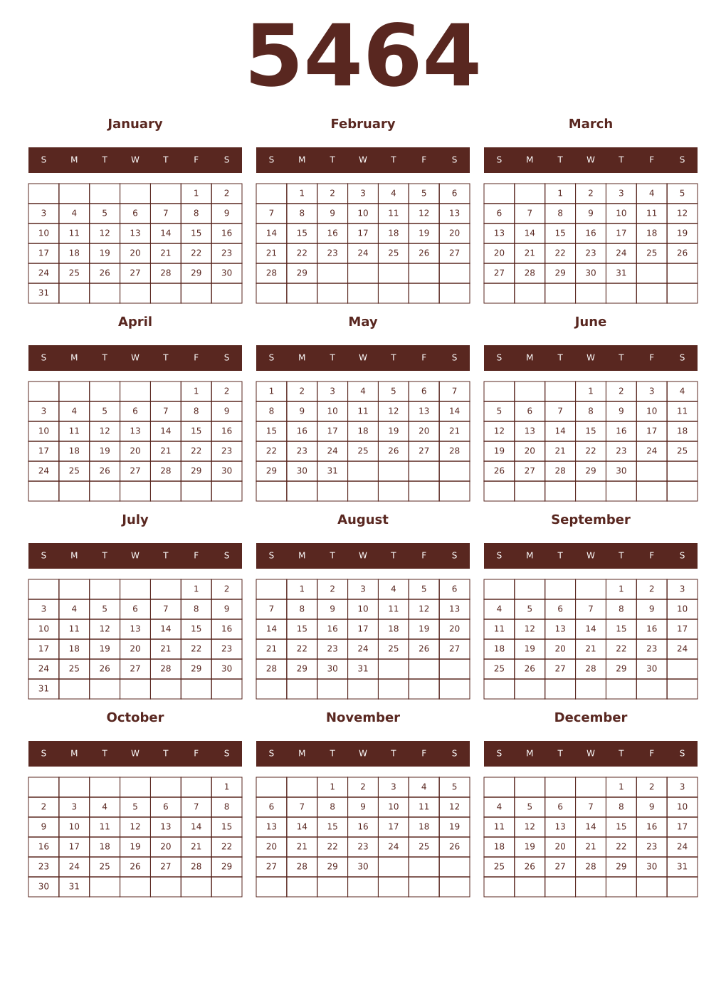 Printable 5464 Year Calendars mortuum
