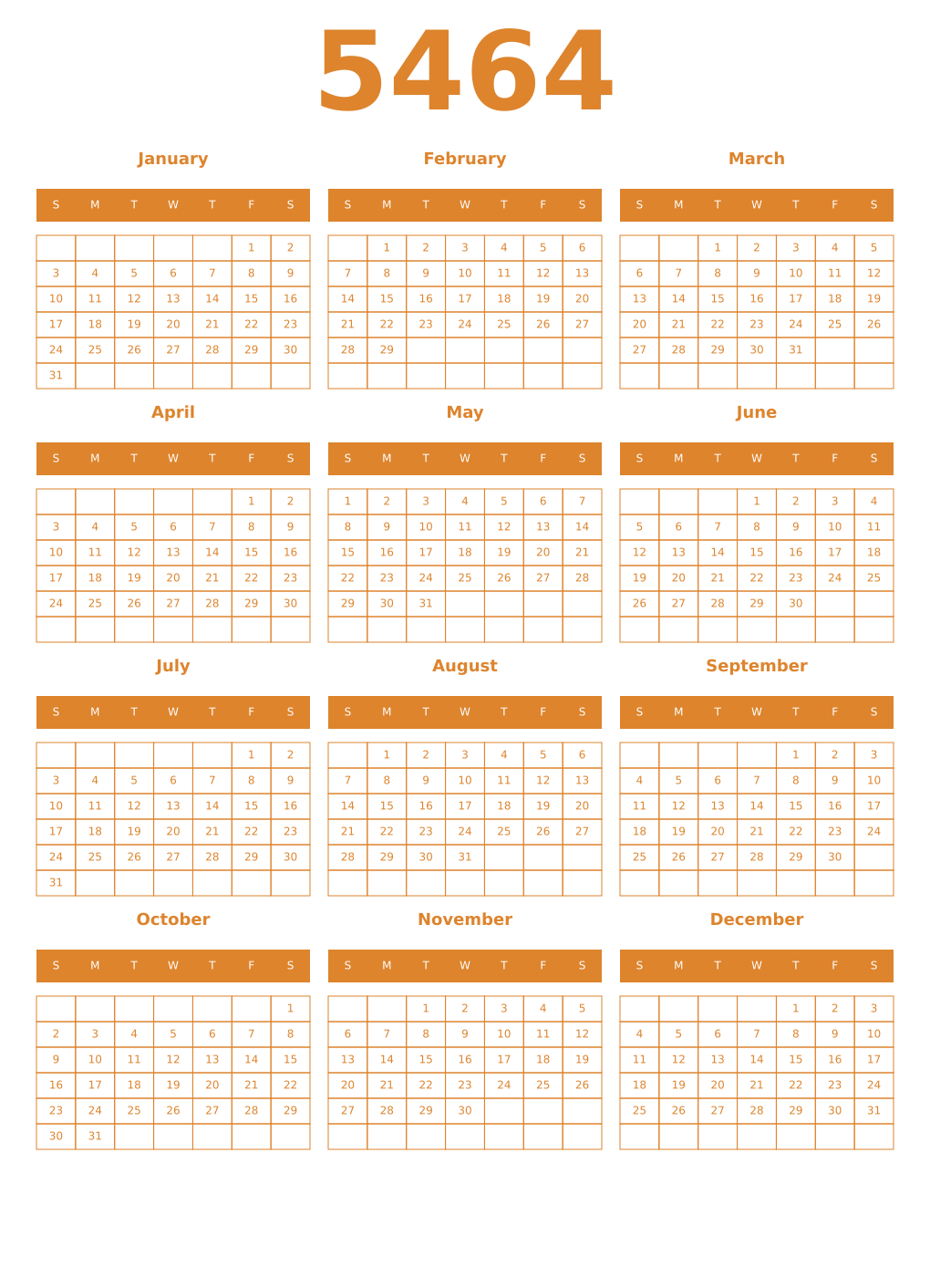Printable 5464 Year Calendars orange