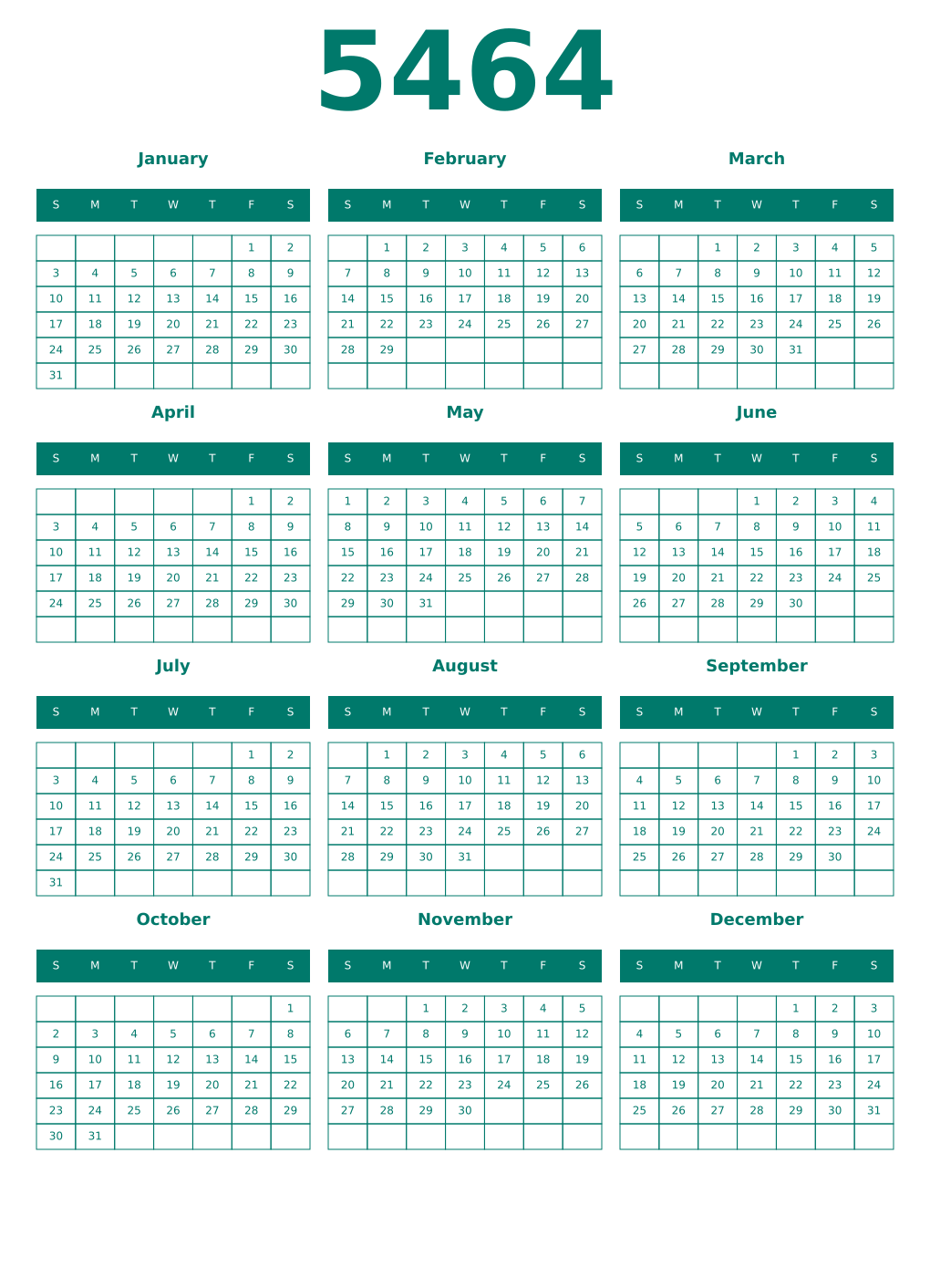 Printable 5464 Year Calendars pastel