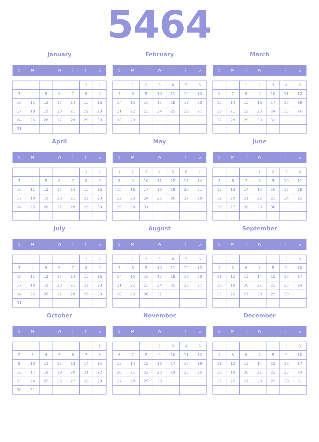 Printable 5464 Year Calendars periwinkle