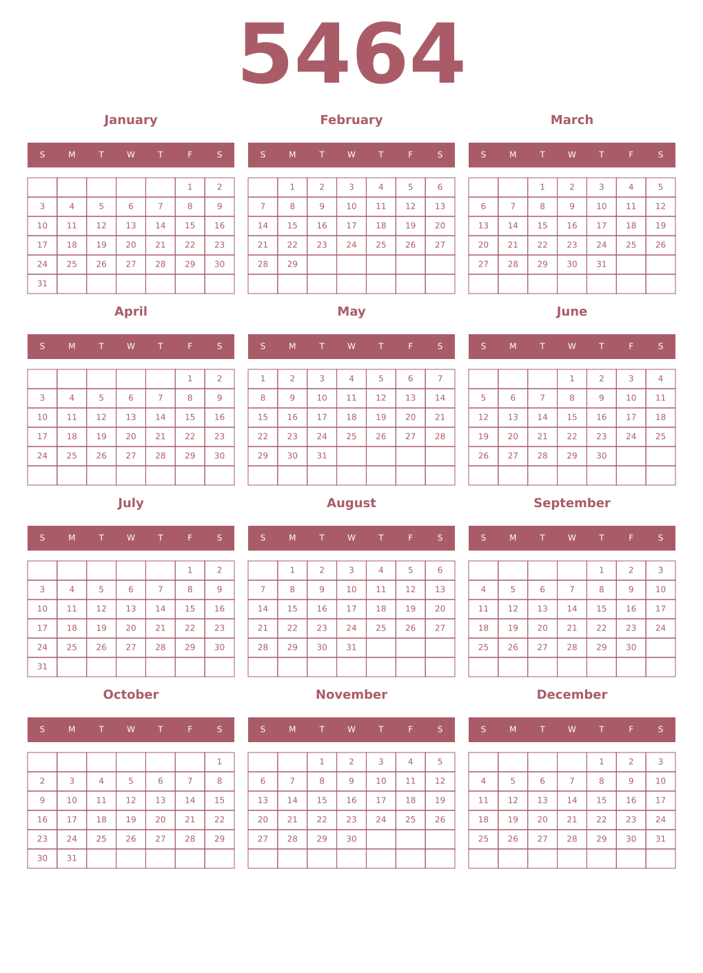 Printable 5464 Year Calendars puce