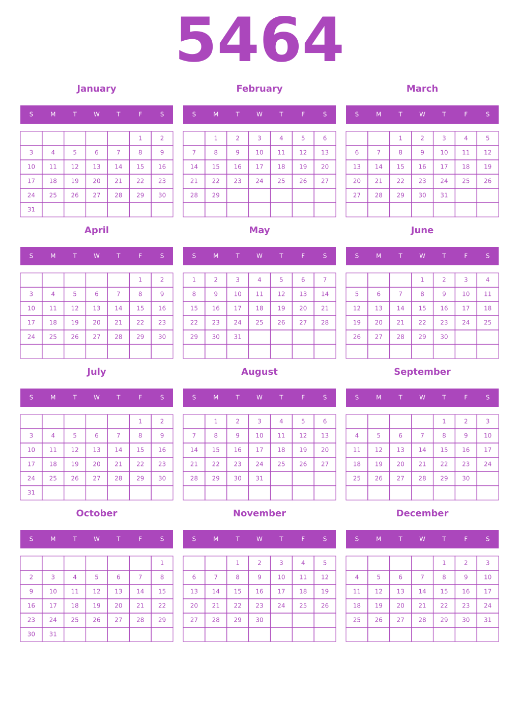 Printable 5464 Year Calendars purple