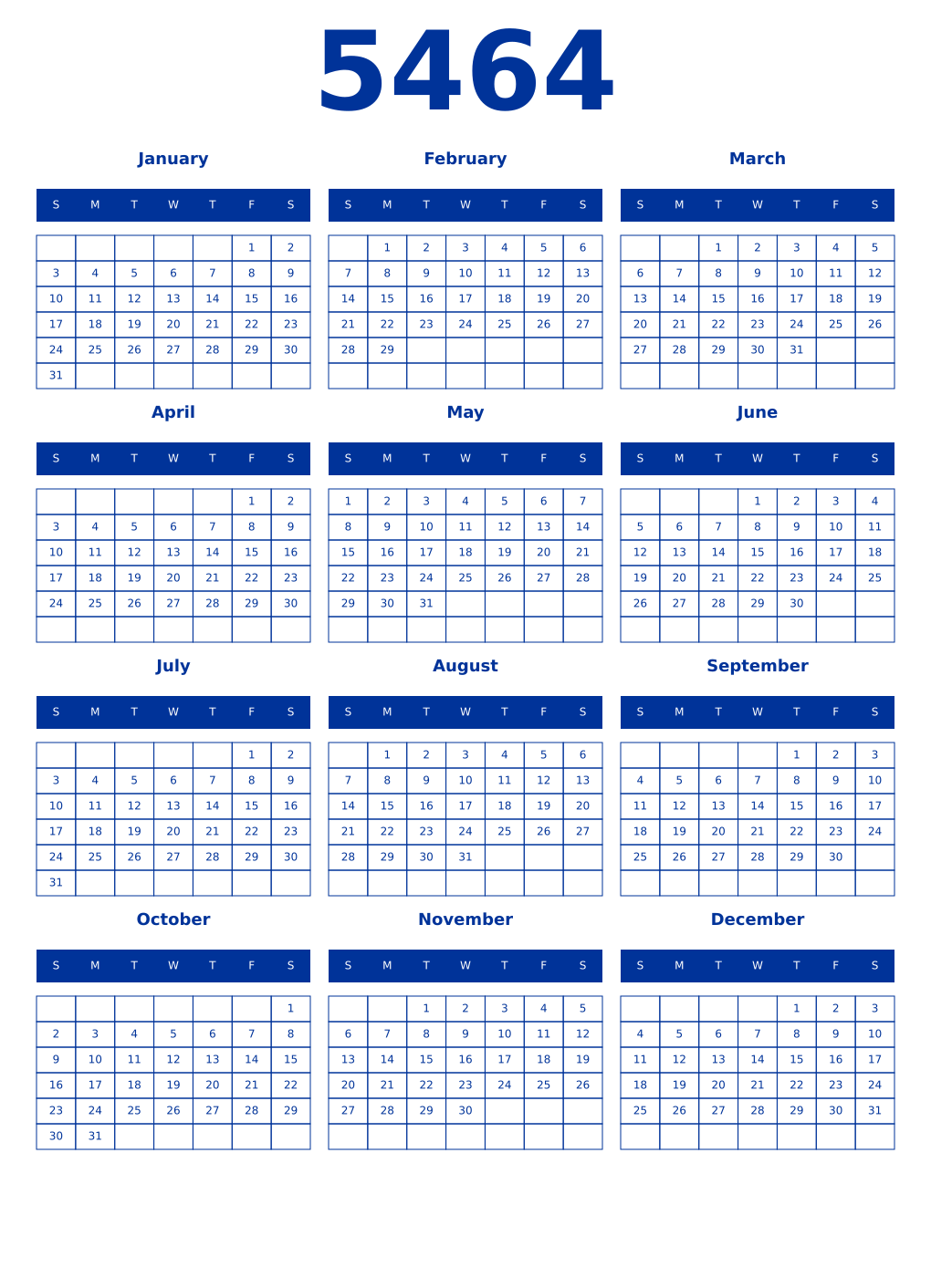 Printable 5464 Year Calendars smalt