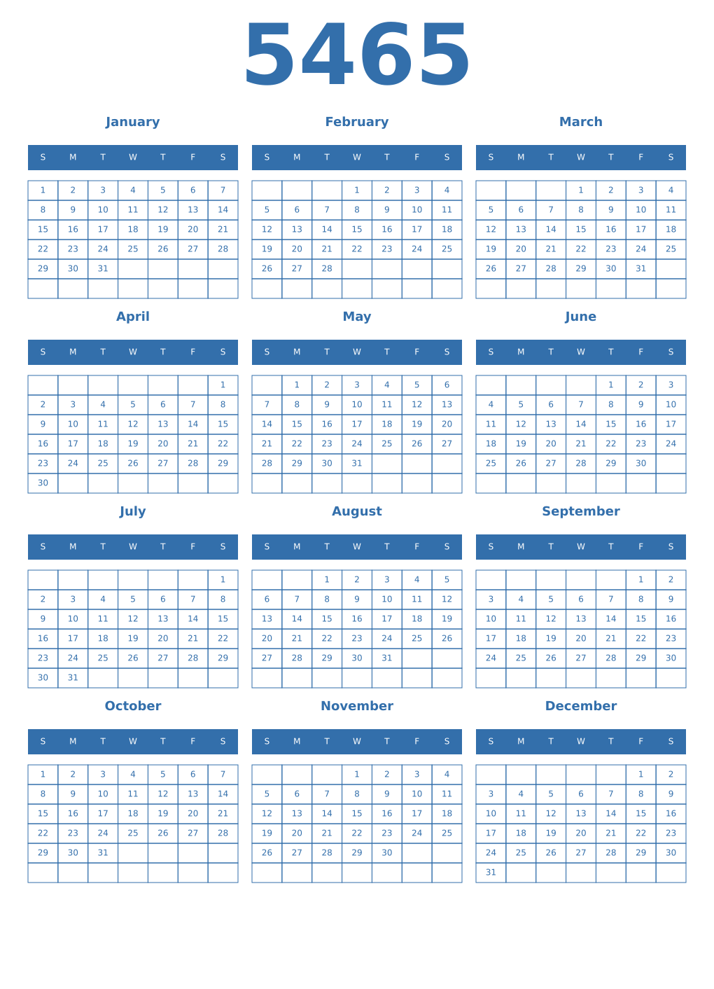 Printable 5465 Year Calendars blue