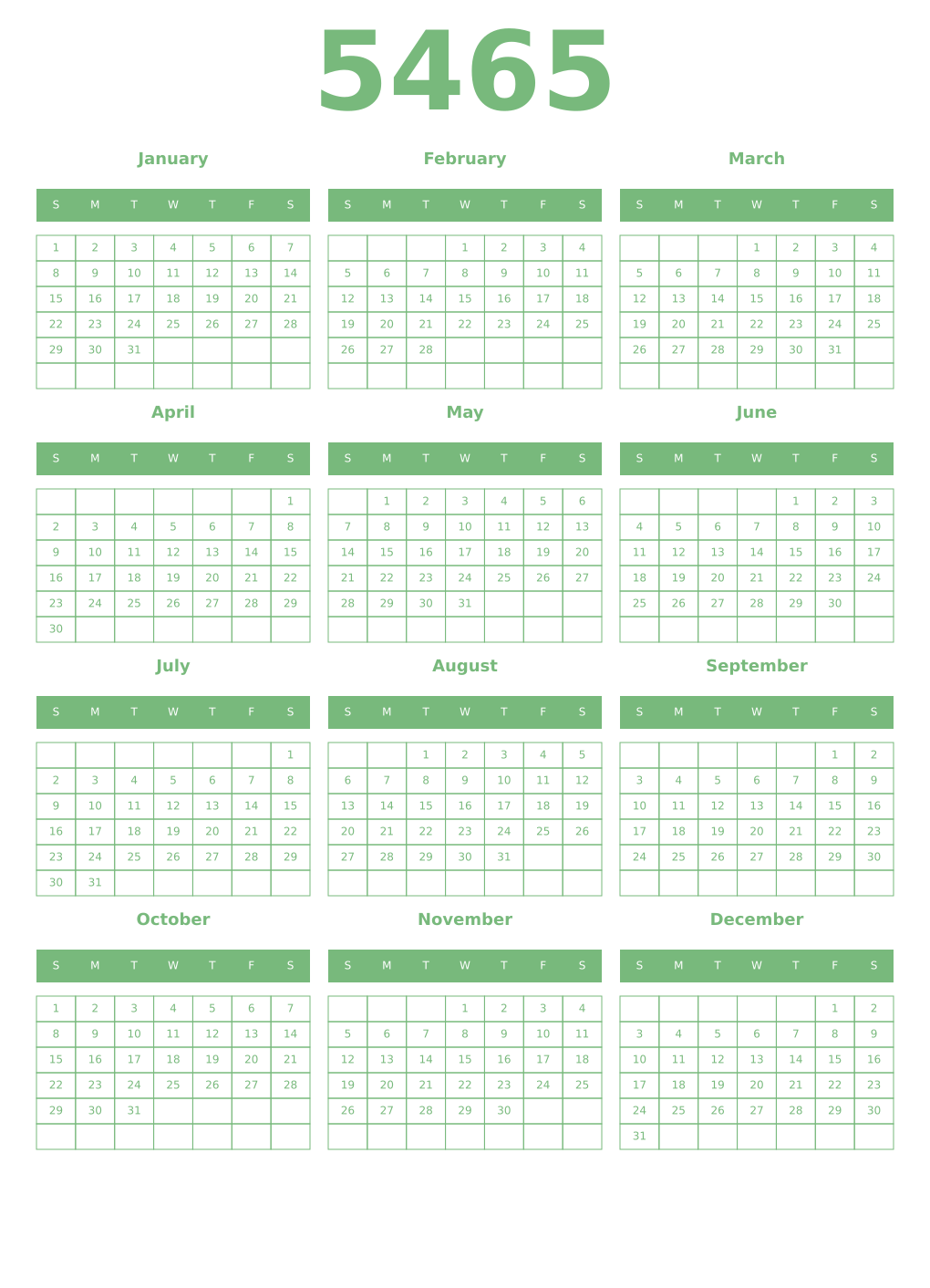 Printable 5465 Year Calendars celadon
