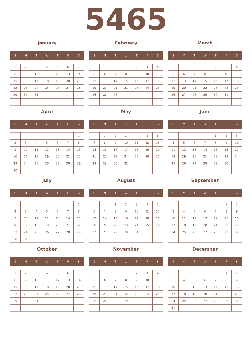Printable 5465 Year Calendars coffe