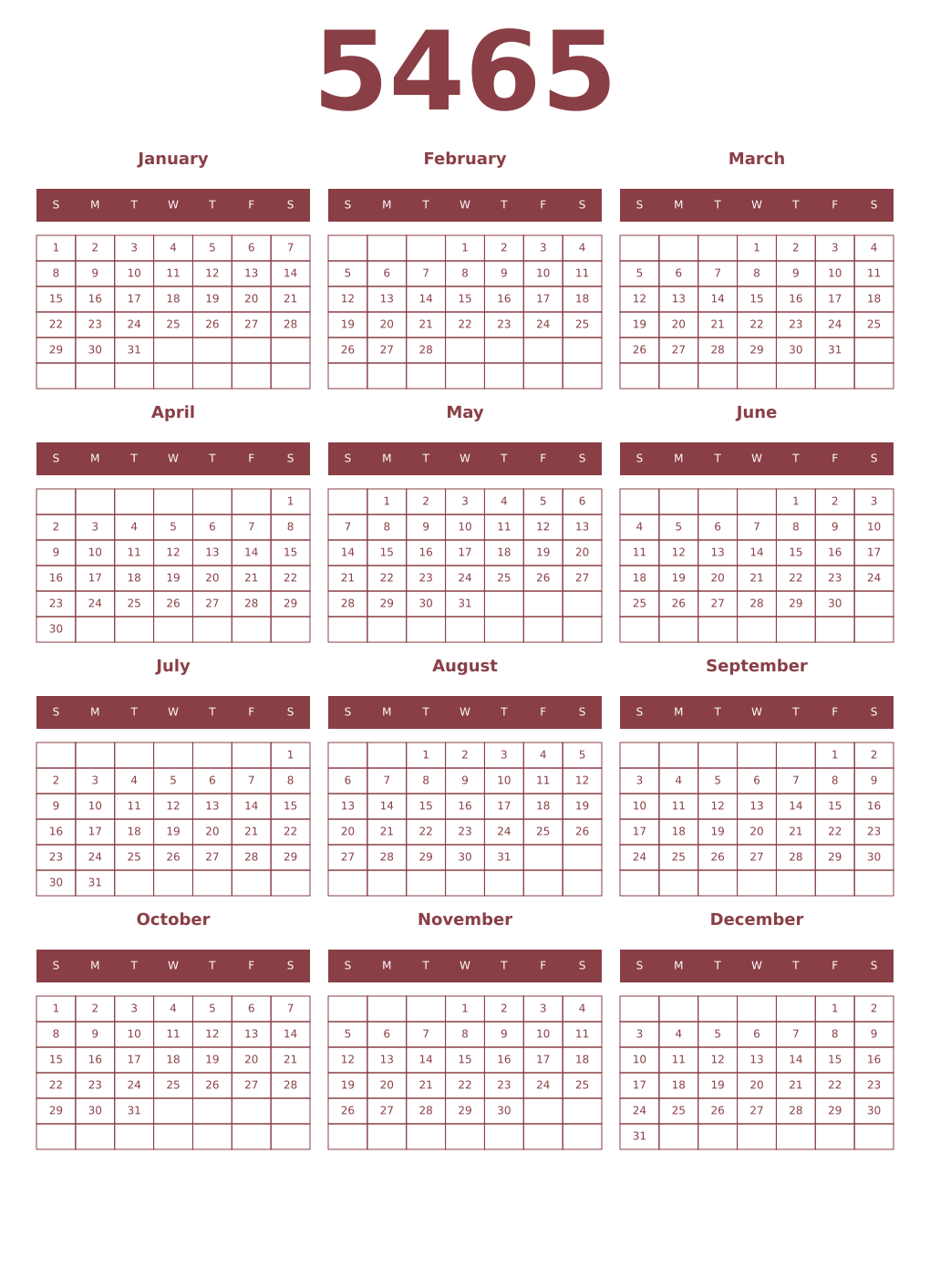 Printable 5465 Year Calendars cordovan