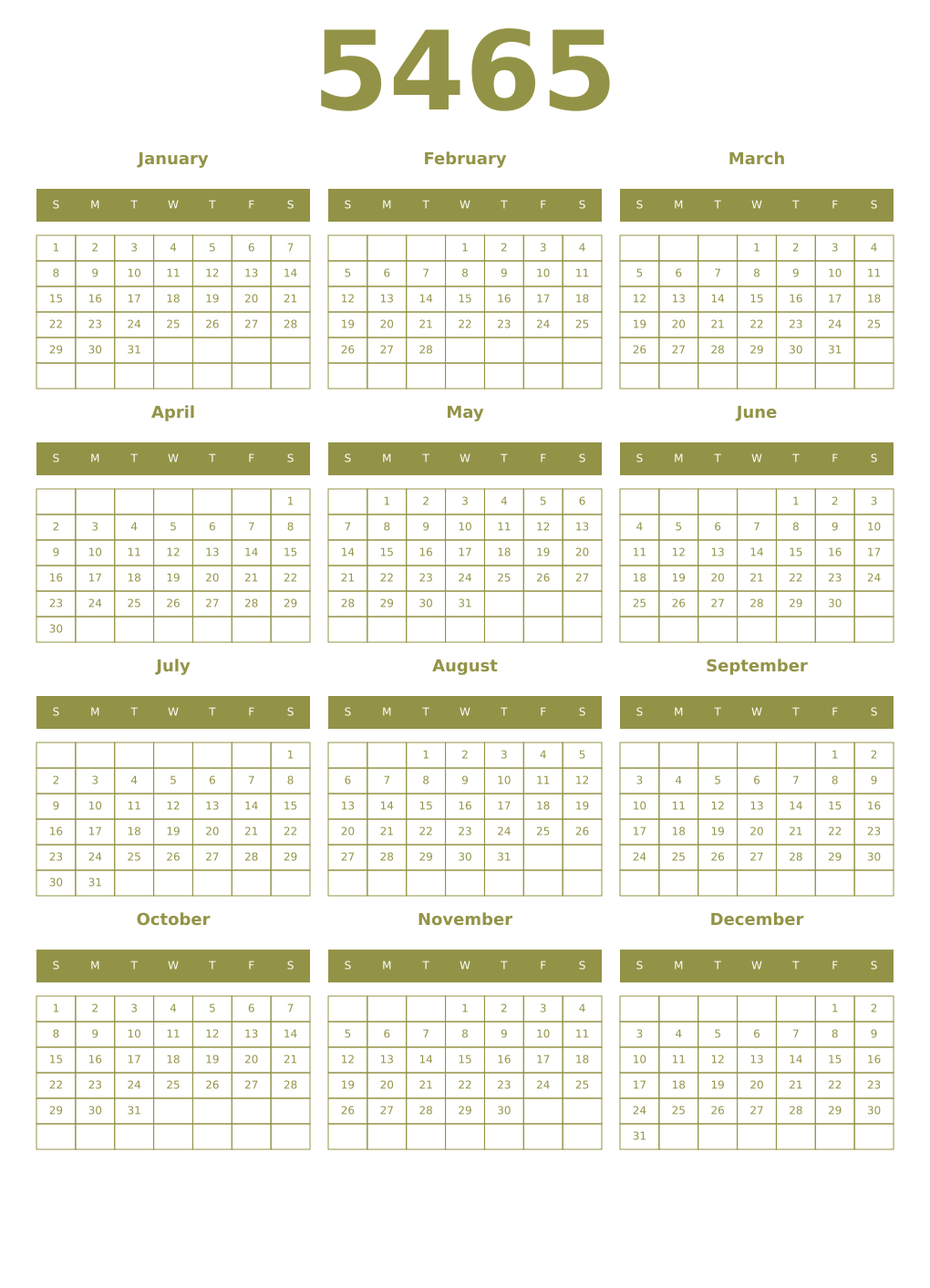 Printable 5465 Year Calendars eburnean