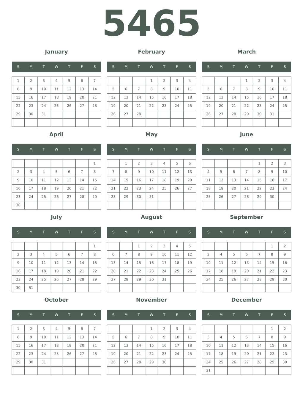 Printable 5465 Year Calendars feldgrau