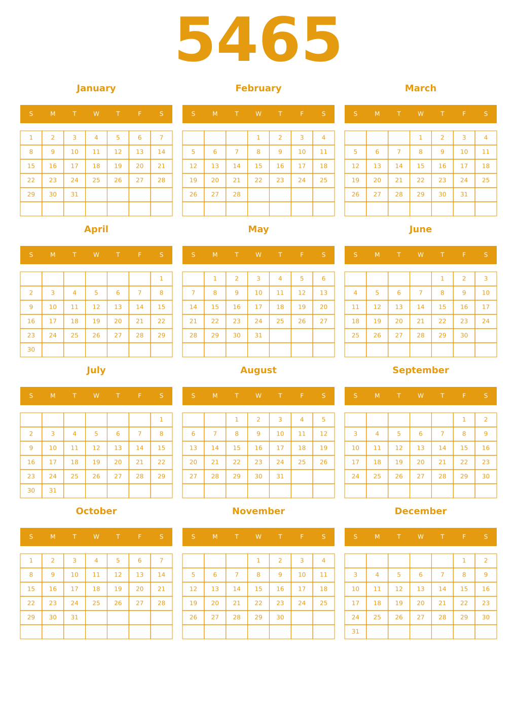 Printable 5465 Year Calendars gamboge