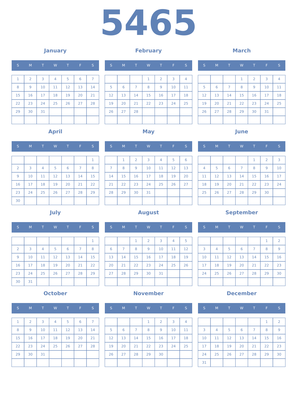 Printable 5465 Year Calendars glaucous