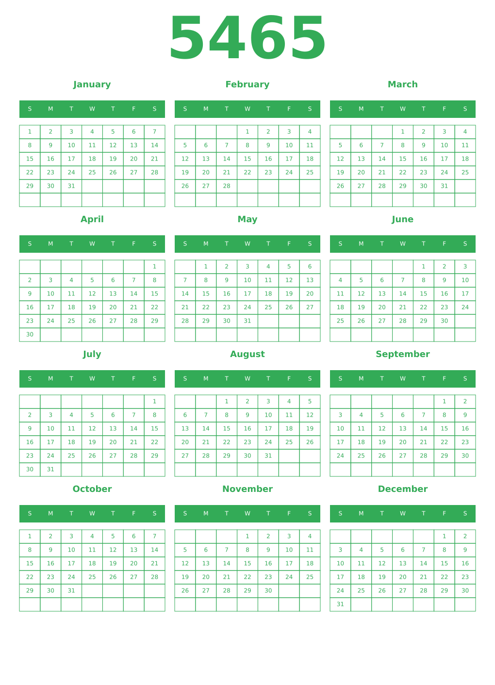 Printable 5465 Year Calendars green